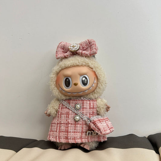 Elegant Pink Tweed Dress on 17cm plush doll: pink and white tweed sleeveless dress, matching pink tweed bow headband with...