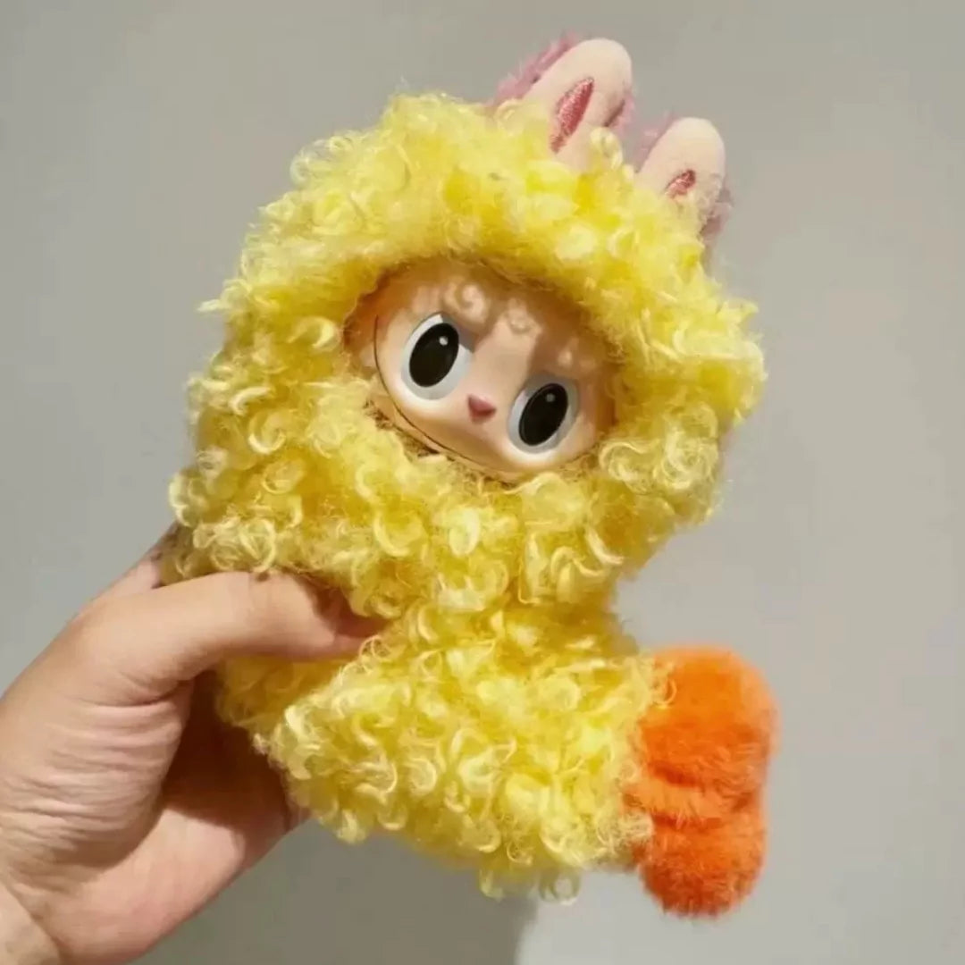 Shrimp Tempura Costume on 17cm plush doll: golden yellow curly plush hooded bodysuit (tempura batter), bright orange plush...