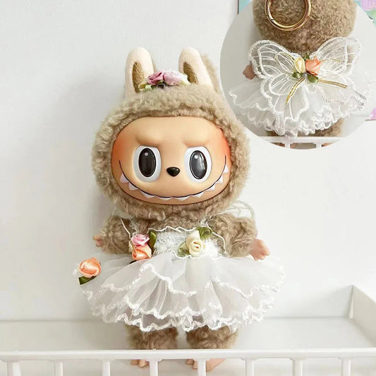 Floral Fairy Dress on 17cm plush doll: white layered tulle fairy dress with floral waist sash, lace butterfly wings with g...