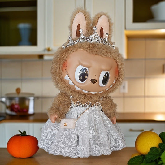 Lace Royal Gown on 38cm plush doll: white lace princess gown with embroidered bodice and full skirt, silver crystal tiara/...