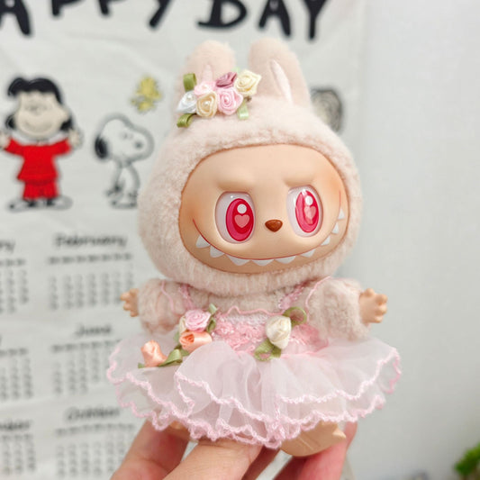 Romantic Pink Floral Dress on 17cm plush doll: pink tulle and lace wedding dress with floral details, handmade satin rose...