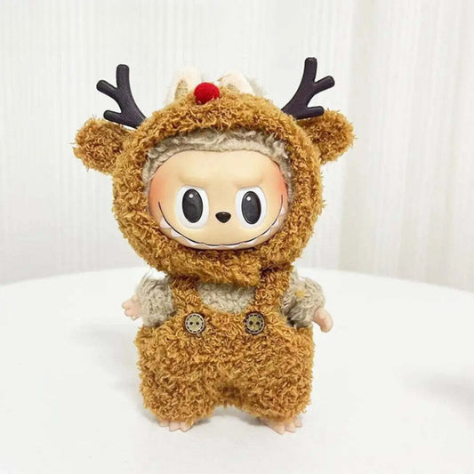 Reindeer Plush Costume on 17cm plush doll: brown sherpa reindeer onesie with hood, dark brown felt antlers securely attached.