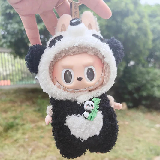Fluffy Panda Costume on 17cm plush doll: full-body black-and-white fluffy panda onesie with hood, panda face hood with bla...