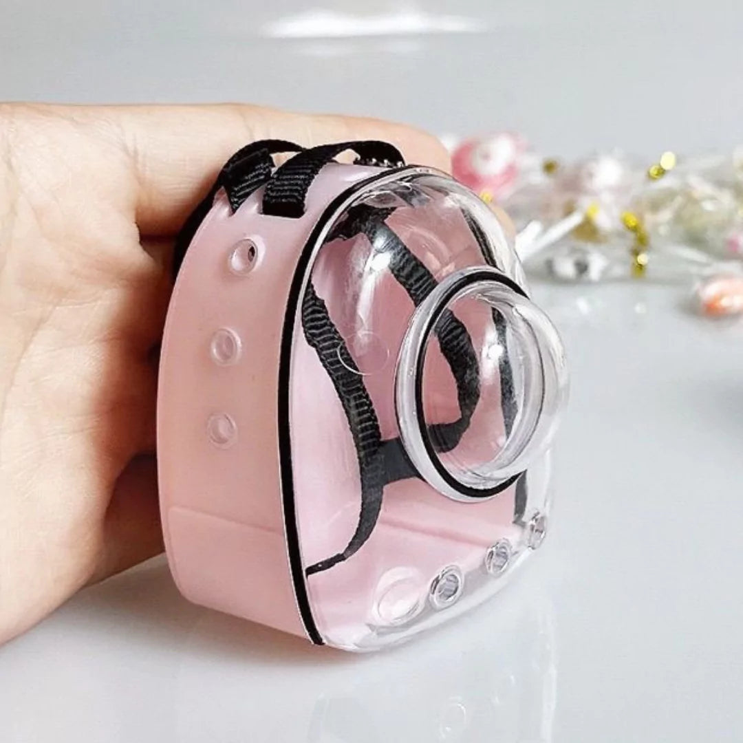 Pink Capsule Space Backpack on 17cm plush doll: mini pink capsule backpack with transparent dome window, adjustable black...