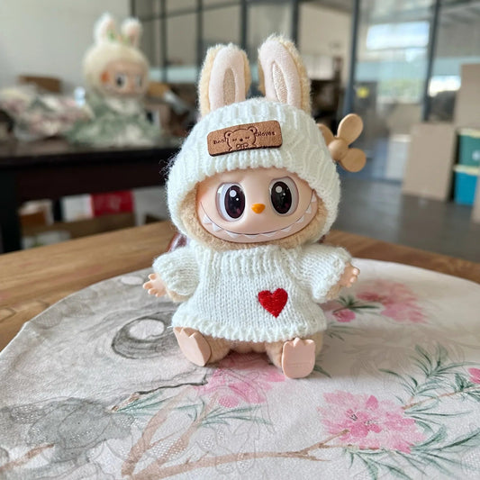 Cream Knit Heart Sweater on 17cm plush doll: cream cable-knit sweater dress, embroidered red heart on front.