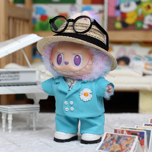 Aqua Suit Outfit on 17cm plush doll: aqua blue blazer with white buttons and daisy pin, matching aqua blue trousers.