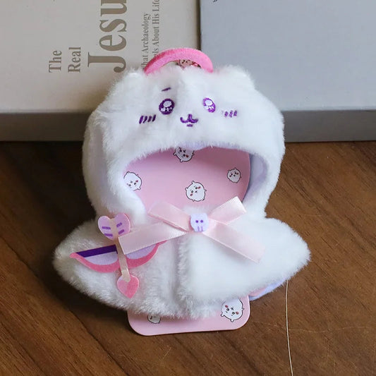 Cupid Cape Costume on 17cm plush doll: white fluffy hooded cape with embroidered cat face, pink printed interior lining wi...
