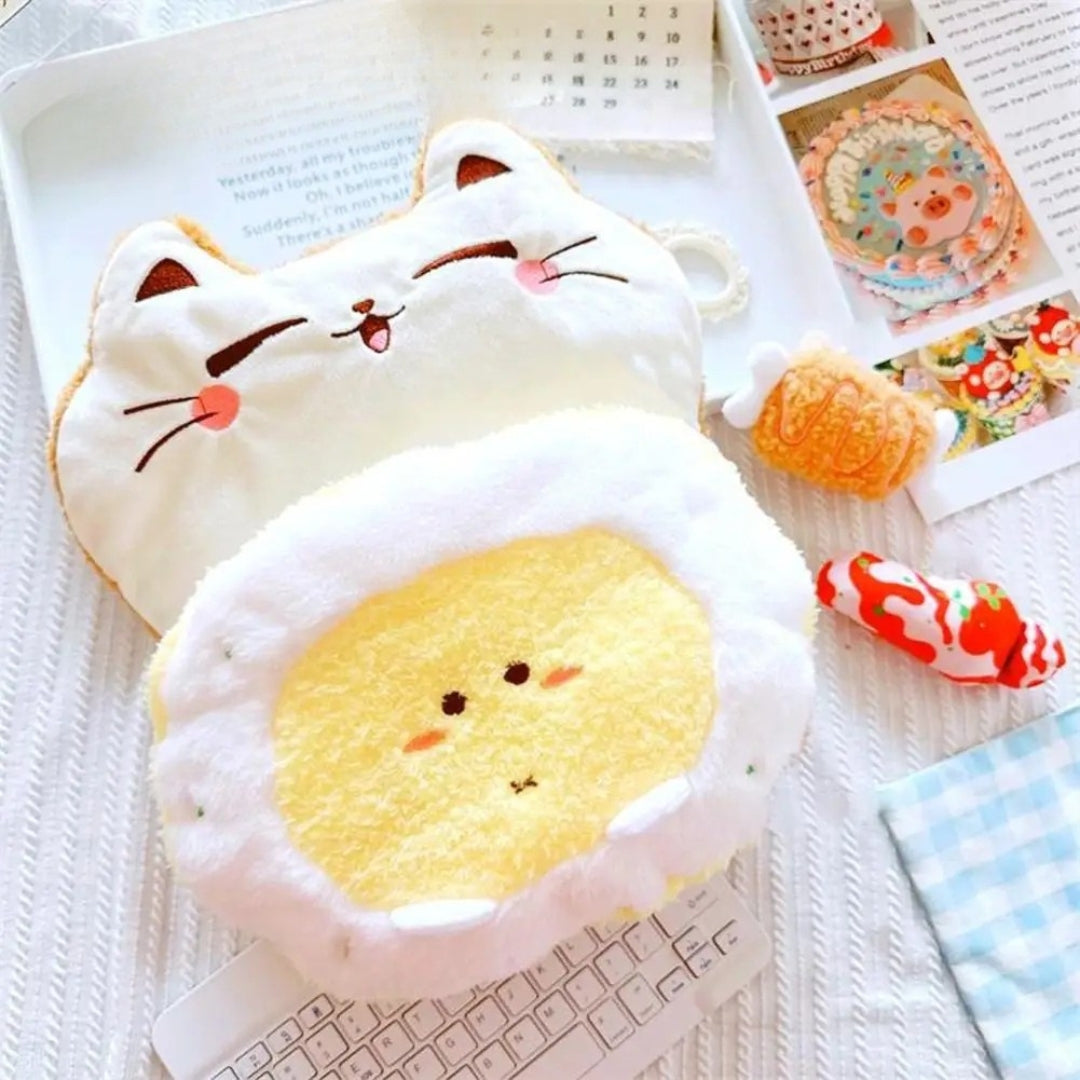 Cat-Shaped Plush on 58cm plush doll: white cat-shaped plush sleeping bag/bed with ear details, yellow cat-face plush blank...