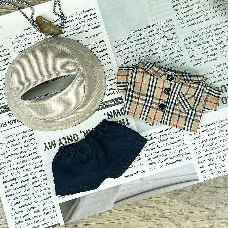 Handmade beige plaid streetwear outfit for Labubu - button-up shirt with bucket hat and black shorts