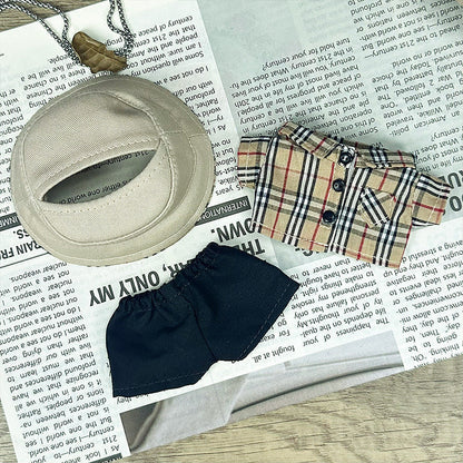 Handmade beige plaid streetwear outfit for Labubu - button-up shirt with bucket hat and black shorts