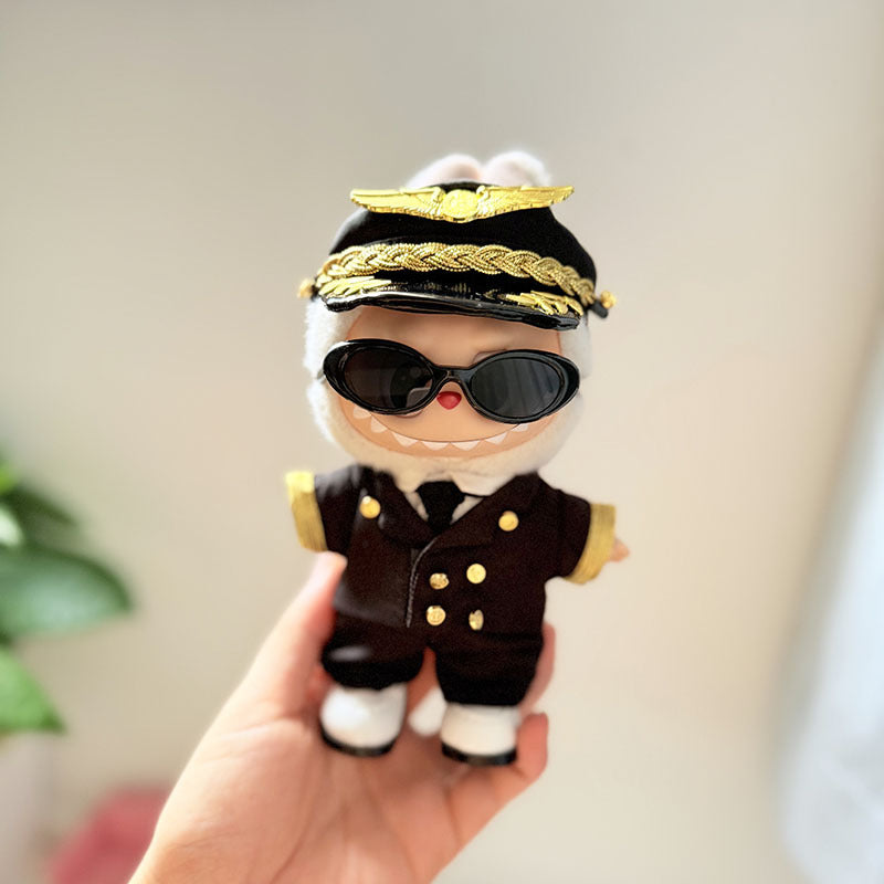 Captain Uniform Outfit on 17cm plush doll: black double-breasted captain jacket with gold buttons and epaulettes, captain'...
