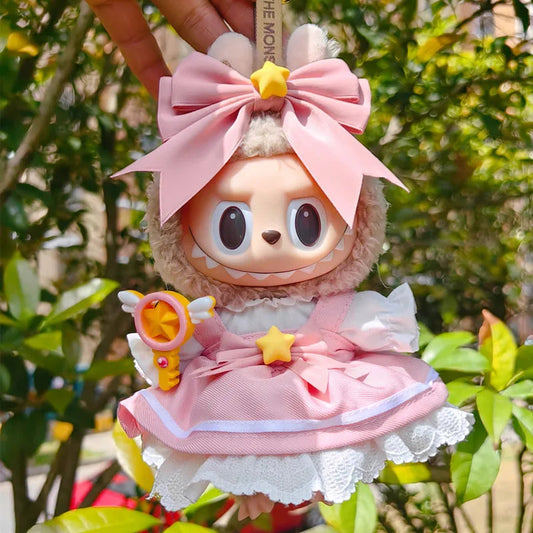 Magical Girl Outfit on 17cm plush doll: pink satin dress with white sailor collar and lace hem, oversized pink bow headpie...
