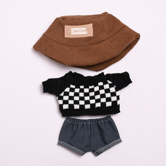 Checker Knit Sweater on 38cm plush doll: cream-white cable-knit beanie with smiley face patch, cream knit pullover sweater.