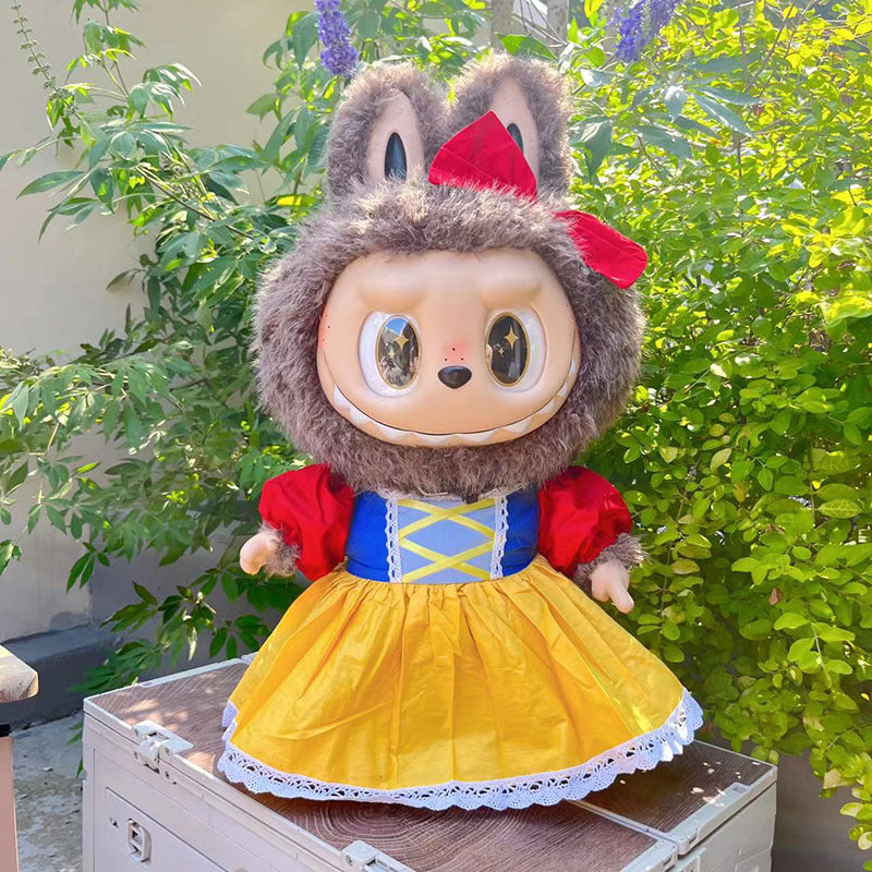 Snow Princess Dress on 58cm plush doll: royal blue bodice with puffed sleeves, golden yellow flowing skirt with white lace...