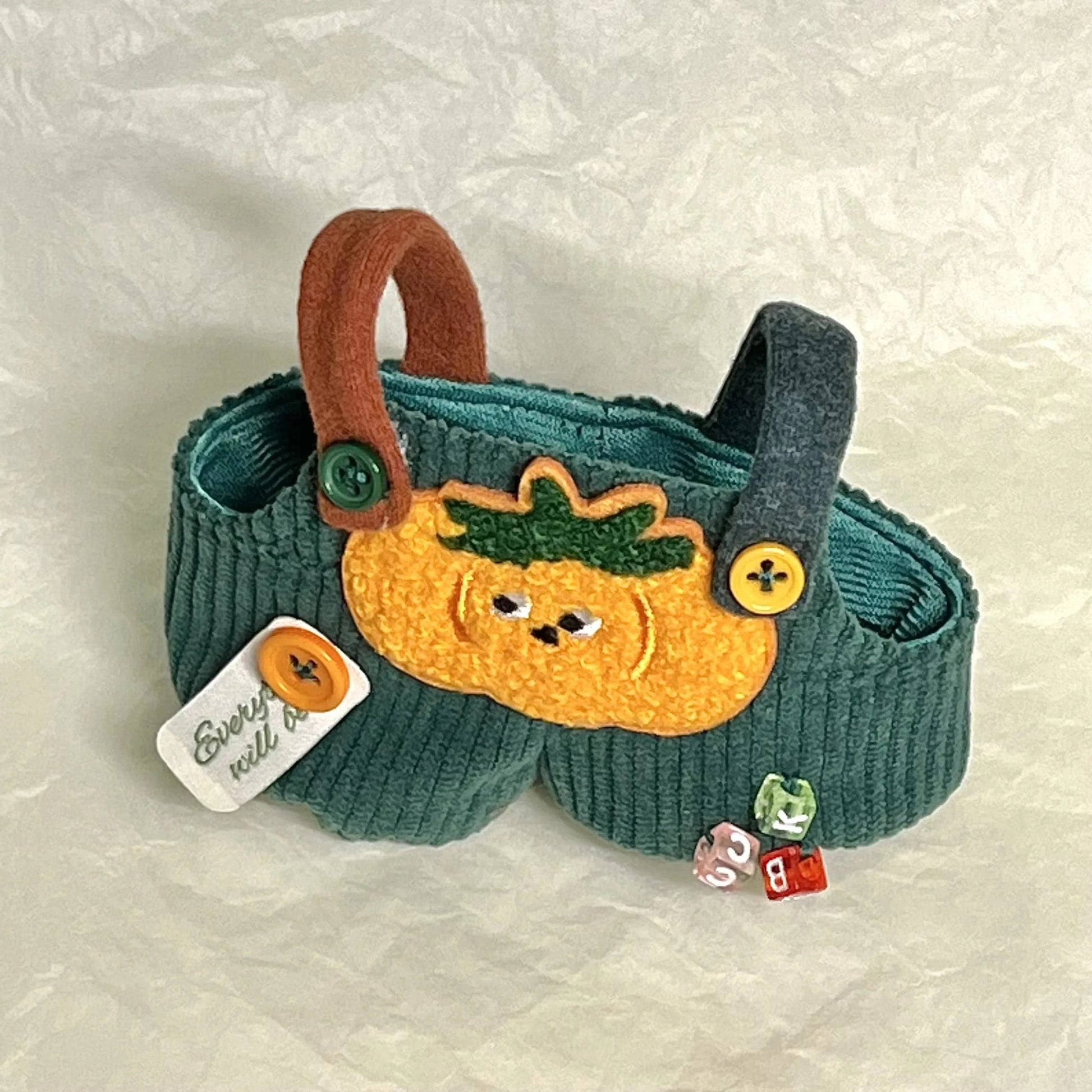 Pumpkin Corduroy Outfit on 17cm plush doll: teal corduroy overalls with pumpkin applique, hand-embroidered orange felt pum...