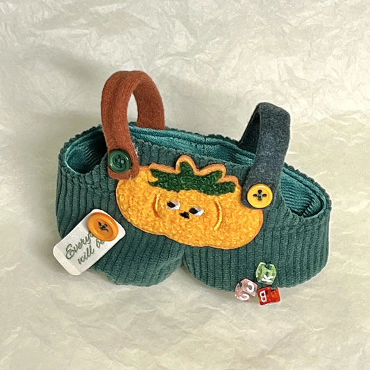 Pumpkin Corduroy Outfit on 17cm plush doll: teal corduroy overalls with pumpkin applique, hand-embroidered orange felt pum...