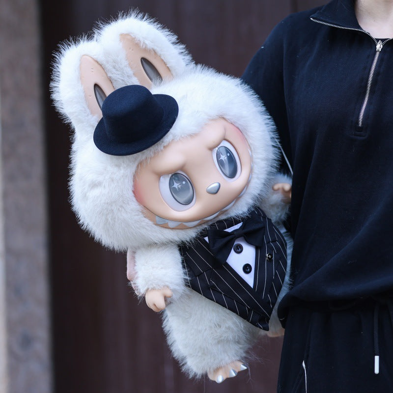 Classic Gentleman Tuxedo on 58cm plush doll: black pinstripe tuxedo jacket with white shirt front, lapels, and decorative...