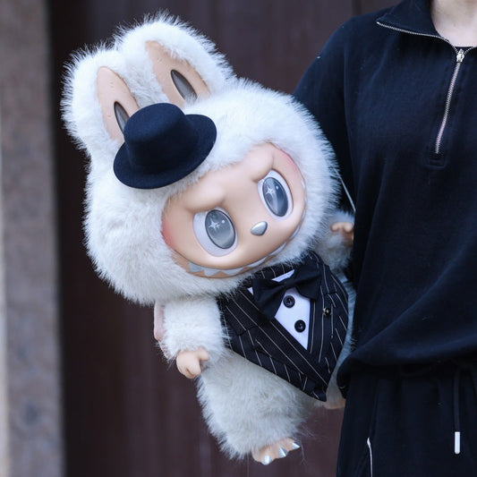 Classic Gentleman Tuxedo on 58cm plush doll: black pinstripe tuxedo jacket with white shirt front, lapels, and decorative...