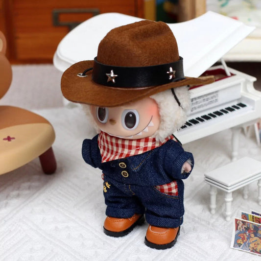 Wild West Outfit on 17cm plush doll: brown suede cowboy hat with black band and silver star studs, red and white gingham b...
