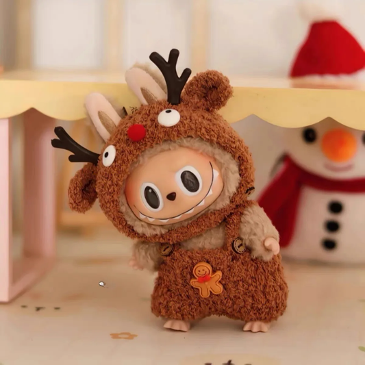 Christmas Reindeer Outfit on 17cm plush doll: brown fuzzy full-body reindeer onesie, attached hood with felt antlers, ears...