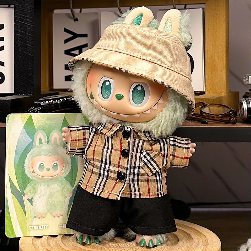 Handmade beige plaid streetwear outfit for Labubu - button-up shirt with bucket hat and black shorts