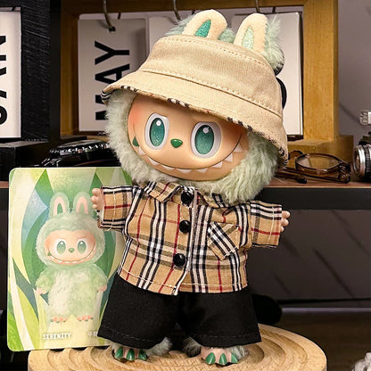 Handmade beige plaid streetwear outfit for Labubu - button-up shirt with bucket hat and black shorts