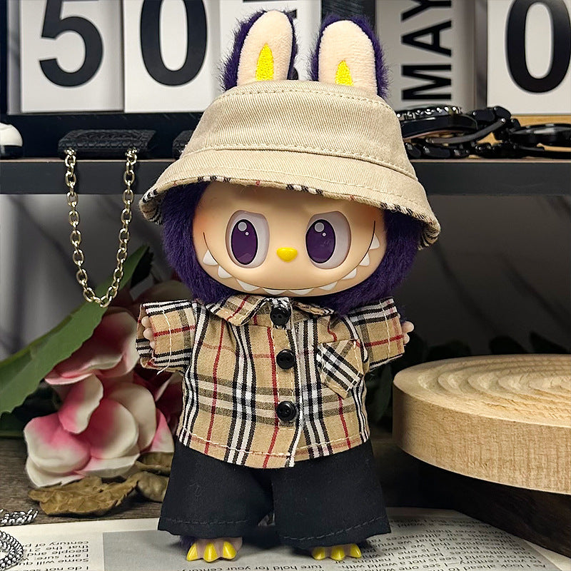 Handmade beige plaid streetwear outfit for Labubu - button-up shirt with bucket hat and black shorts