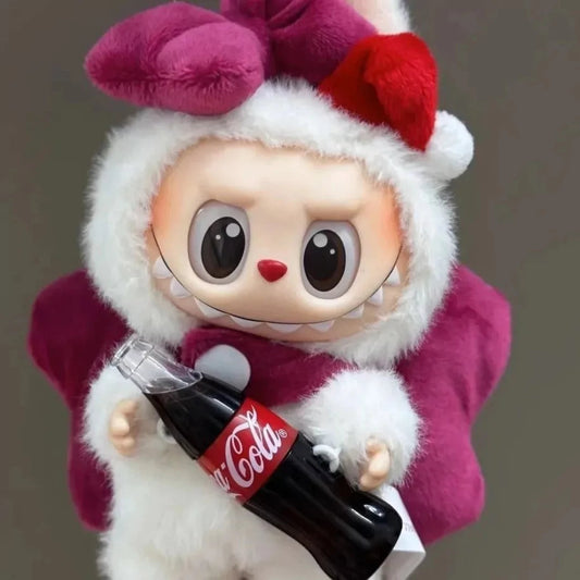 Puff and Costume on 17cm plush doll: magenta and white plush full-body costume, oversized magenta puffy bow headpiece.