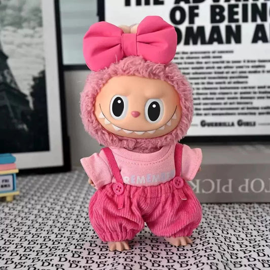 Sugar Pink Bow Outfit on 17cm plush doll: sugar pink overall dress with bow detail, pink fabric bow accent.