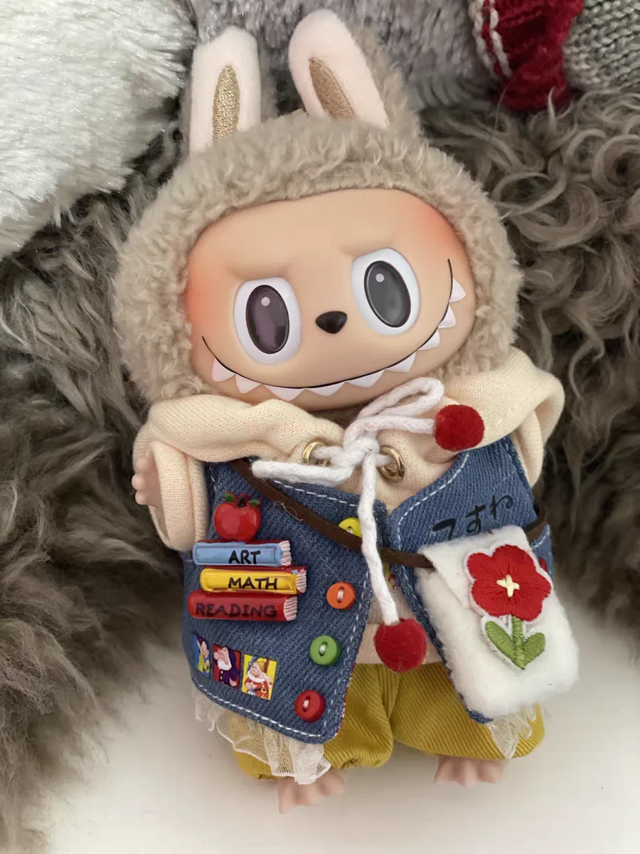 Handmade denim vest market day outfit for Labubu - layered look with patches and beanie