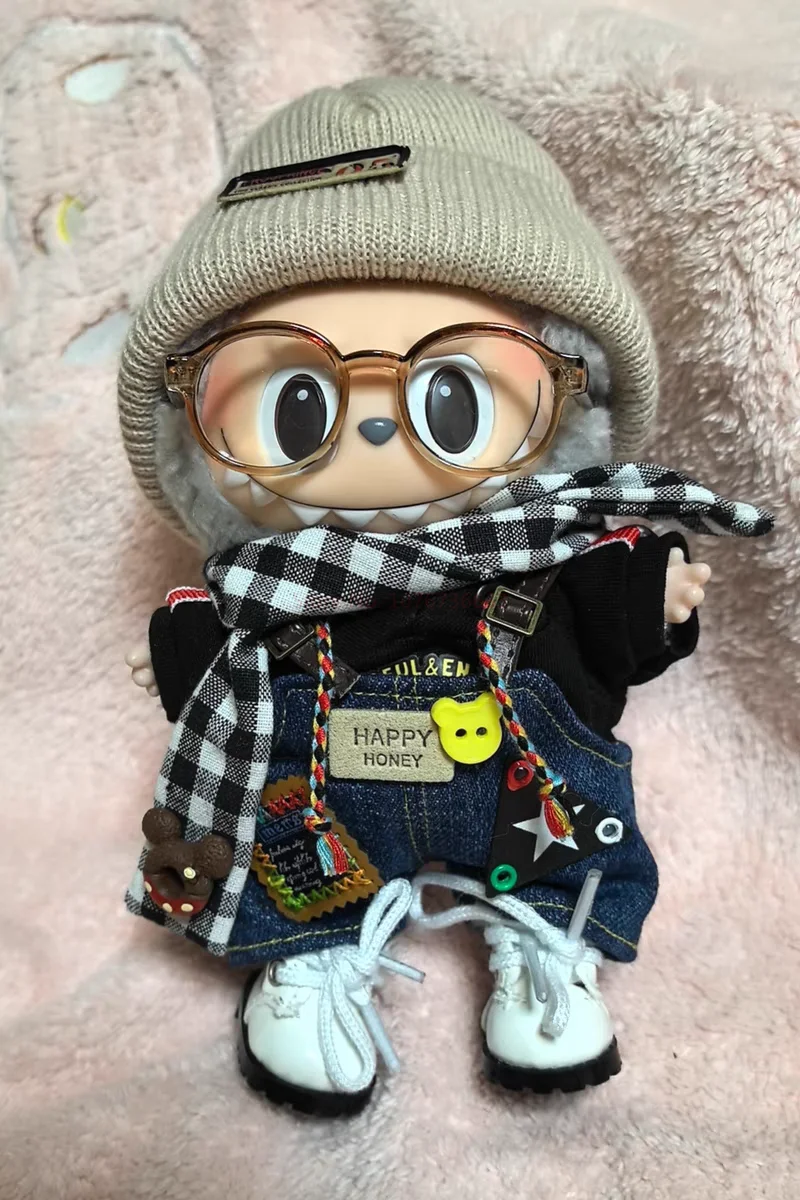 Happy Honey Outfit on 17cm plush doll: denim overalls with "happy honey" label, patches, and button details, black long-sl...