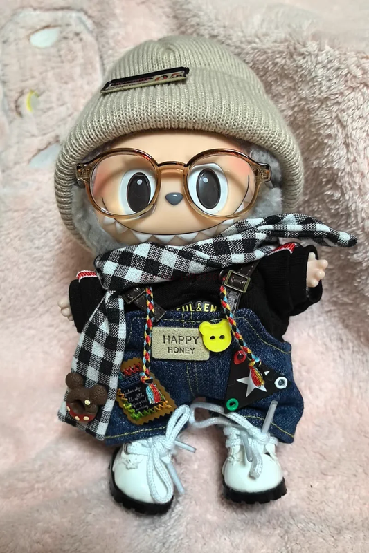 Happy Honey Outfit on 17cm plush doll: denim overalls with "happy honey" label, patches, and button details, black long-sl...
