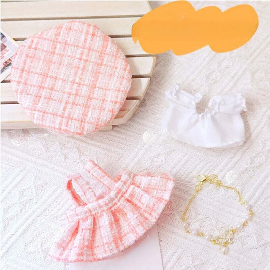 Pink Tweed Paris Outfit on 17cm plush doll: pink-and-white plaid tweed beret, matching pink tweed pleated skirt.