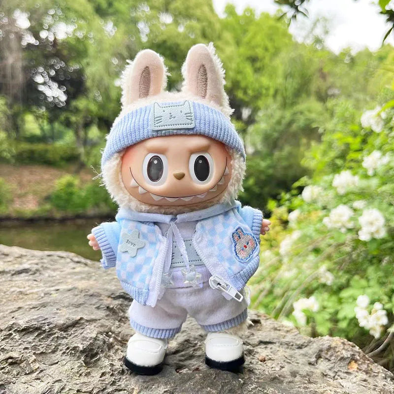 Sky Casual Set on 17cm plush doll: sky blue and white checkered puffer vest with patches, light blue hoodie base layer.