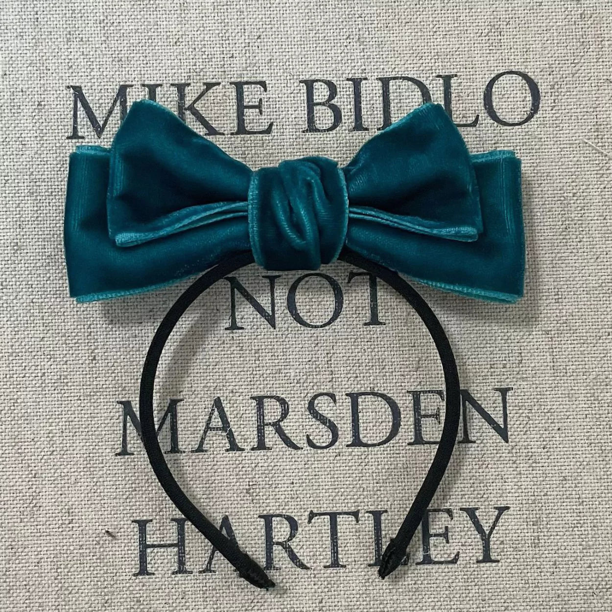 Velvet Bow Headband on 17cm plush doll: handmade teal velvet oversized bow on slim black headband, adding instant glamour...