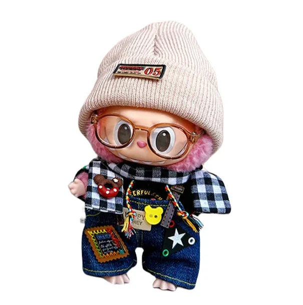 Handmade Happy Honey streetwear outfit for Labubu - denim overalls with beanie and glasses