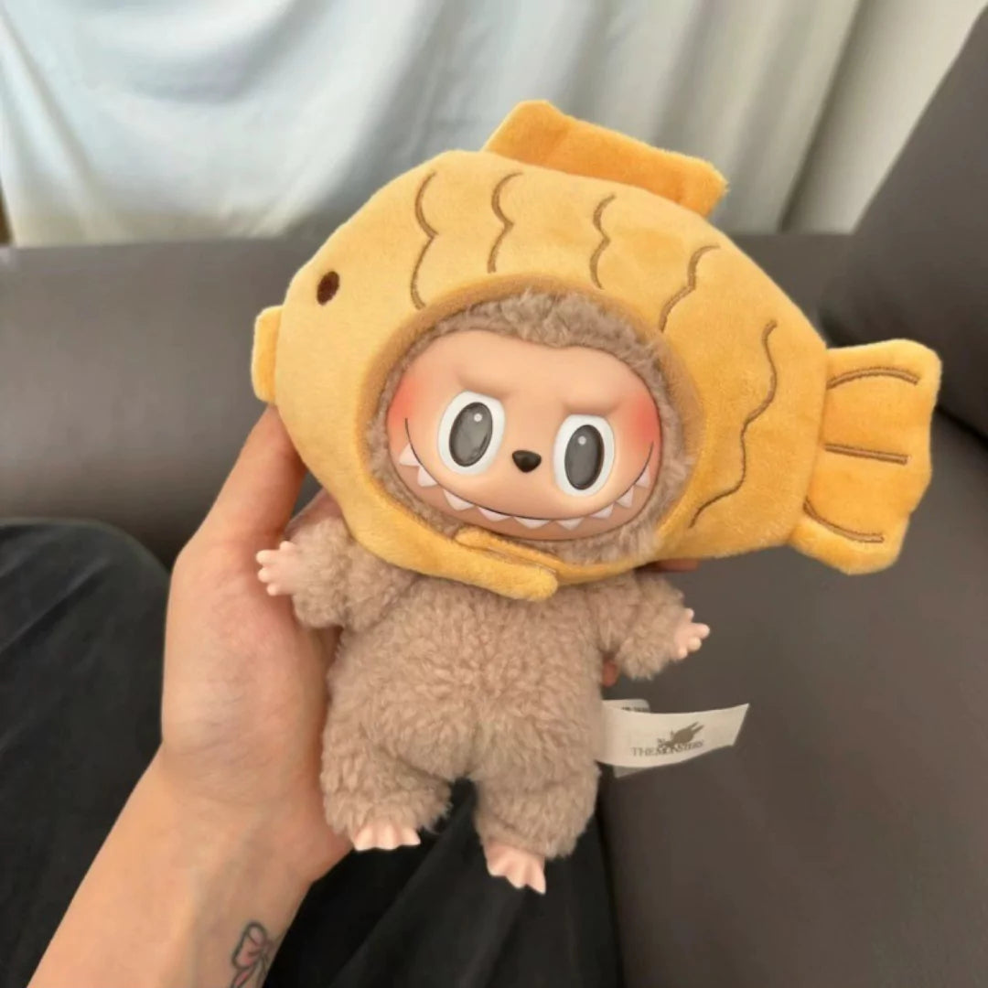Handmade golden-beige taiyaki fish cape outfit for Labubu - embroidered wavy grill pattern