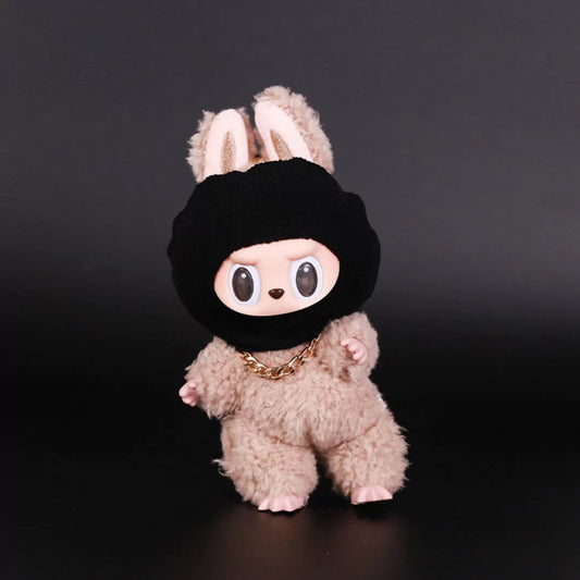 Kuro Hoppu Outfit on 17cm plush doll: black knit balaclava-style hood that frames the face, gold-tone chunky chain necklac...