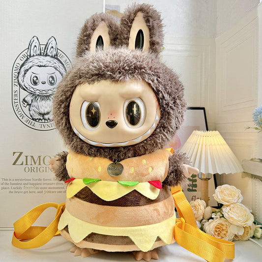 Hamburger Plush Costume on 58cm plush doll: full hamburger body costume with layered burger details, plush sesame seed bun...